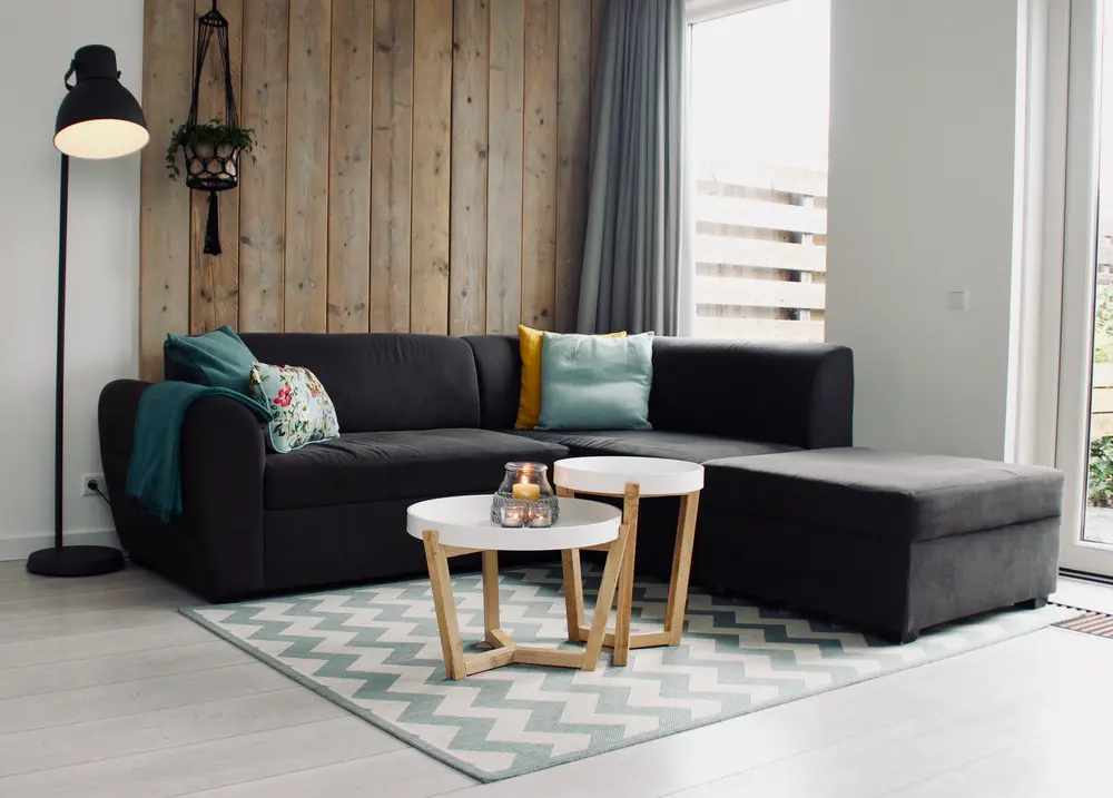 Clean living room with a dark sofa and rug
